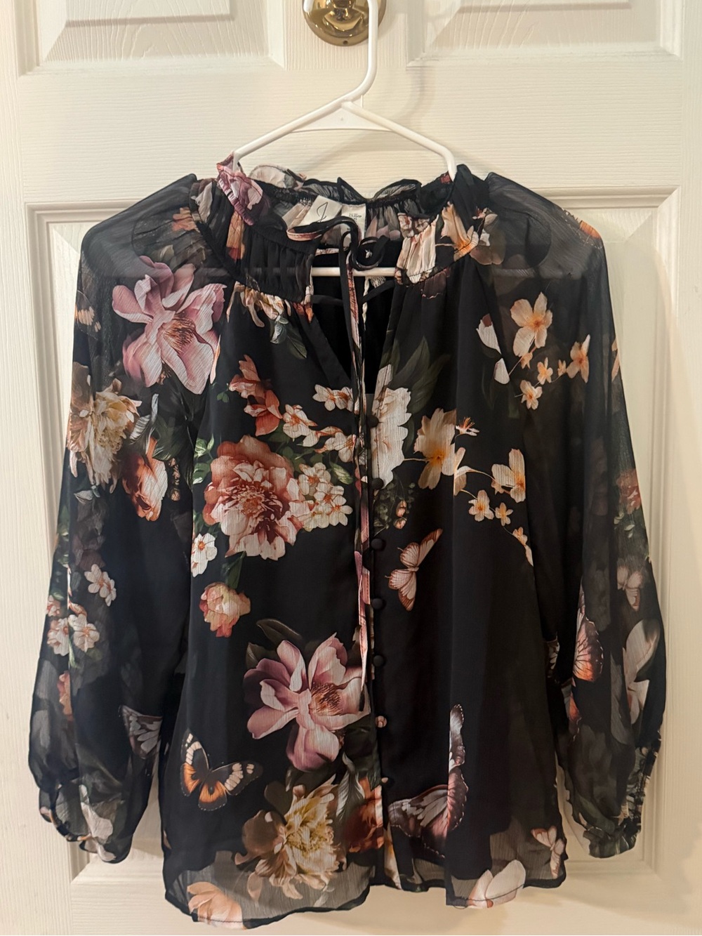 Joie Black Floral Sheer Tie-Neck Blouse with Pink and Cream Blooms